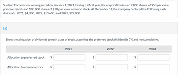 Sunland Corporation was organized on January 1, 2021. During its first year, the corporation issued 2,000 shares of $50 par value
preferred stock and 100,000 shares of $10 par value common stock. At December 31, the company declared the following cash
dividends: 2021, $4,800; 2022, $13,600; and 2023, $29,000.
(a)
Show the allocation of dividends to each class of stock, assuming the preferred stock dividend is 7% and noncumulative.
Allocation to preferred stock $
Allocation to common stock $
2021
LA
2022
$
$
2023