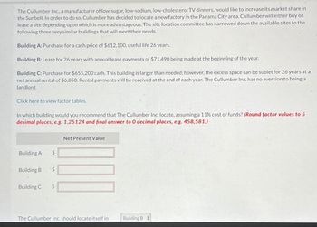The Cullumber Inc., a manufacturer of low-sugar, low-sodium, low-cholesterol TV dinners, would like to increase its market share in
the Sunbelt. In order to do so, Cullumber has decided to locate a new factory in the Panama City area. Cullumber will either buy or
lease a site depending upon which is more advantageous. The site location committee has narrowed down the available sites to the
following three very similar buildings that will meet their needs.
Building A: Purchase for a cash price of $612,100, useful life 26 years.
Building B: Lease for 26 years with annual lease payments of $71,490 being made at the beginning of the year.
Building C: Purchase for $655,200 cash. This building is larger than needed; however, the excess space can be sublet for 26 years at a
net annual rental of $6,850. Rental payments will be received at the end of each year. The Cullumber Inc. has no aversion to being a
landlord.
Click here to view factor tables.
In which building would you recommend that The Cullumber Inc. locate, assuming a 11% cost of funds? (Round factor values to 5
decimal places, e.g. 1.25124 and final answer to O decimal places, e.g. 458,581.)
Net Present Value
Building A
$
Building B
$
Building C
$
The Cullumber Inc. should locate itself in
Building B