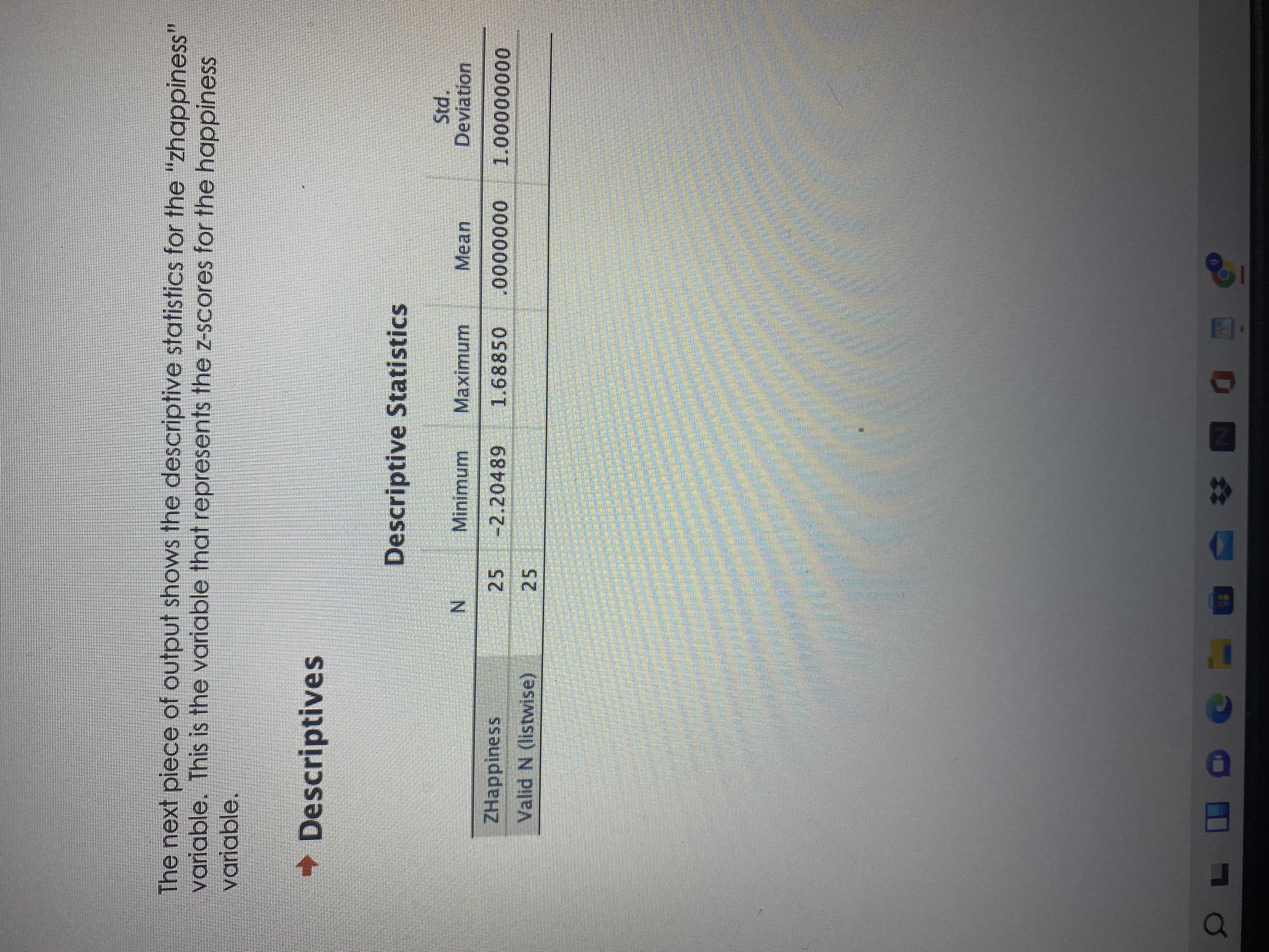 The next piece of output shows the descriptive statistics for the "zhappiness"
variable. This is the variable that represents the z-scores for the happiness
variable.
Descriptives
Descriptive Statistics
Mean
Deviation
Minimum
Maximum
N.
25
1.68850
00000000'T
-2.20489
0000000
ZHappiness
Valid N (listwise)
25
EGO
ONA
