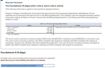 Required information
The Foundational 15 (Algo) [LO4-1, LO4-2, LO4-3, LO4-4, LO4-5]
[The following information applies to the questions displayed below.]
Clopack Company manufactures one product that goes through one processing department called Mixing. All raw
materials are introduced at the start of work in the Mixing Department. The company uses the weighted-average method
of process costing. Its work in Process T-account for the Mixing Department for June follows (all forthcoming questions
pertain to June):
June 1 balance
Materials
Direct labor
Overhead
June 30 balance
Debit
Foundational 4-10 (Algo)
Work in Process-Mixing Department
40,000
128, 325
84,500
102,000
The June 1 work in process inventory includes 5,500 units with $21,750 in materials cost and $18,250 in conversion cost.
The June 1 work in process inventory was 100% complete with respect to materials and 60% complete with respect to
conversion. During June, 38,000 units were started into production. The June 30 work in process inventory consisted of
9,000 units 100% complete with respect to materials and 50% complete with respect to conversion.
Cost of ending work-in-process inventory for materials
10. What is the cost of ending work in process inventory for materials?
Note: Round your intermediate calculations to 2 places.
Credit
Completed and transferred to Finished Goods