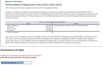 Required information
The Foundational 15 (Algo) [LO4-1, LO4-2, LO4-3, LO4-4, LO4-5]
[The following information applies to the questions displayed below.]
Clopack Company manufactures one product that goes through one processing department called Mixing. All raw
materials are introduced at the start of work in the Mixing Department. The company uses the weighted-average method
of process costing. Its Work in Process T-account for the Mixing Department for June follows (all forthcoming questions
pertain to June):
June 1 balance
Materials
Direct labor
Overhead
June 30 balance
Debit
Work in Process-Mixing Department
Cost per equivalent unit
The June 1 work in process inventory includes 5,500 units with $21,750 in materials cost and $18,250 in conversion cost.
The June 1 work in process inventory was 100% complete with respect to materials and 60% complete with respect to
conversion. During June, 38,000 units were started into production. The June 30 work in process inventory consisted of
9,000 units 100% complete with respect to materials and 50% complete with respect to conversion.
Foundational 4-9 (Algo)
9. What is the cost per equivalent unit for conversion?
Note: Round your answer to 2 decimal places.
Credit
40,000 Completed and transferred to Finished Goods
128,325
84,500
102,000