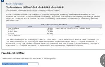 Required information
The Foundational 15 (Algo) [LO4-1, LO4-2, LO4-3, LO4-4, LO4-5]
[The following information applies to the questions displayed below.]
Clopack Company manufactures one product that goes through one processing department called Mixing. All raw
materials are introduced at the start of work in the Mixing Department. The company uses the weighted-average method
of process costing. Its Work in Process T-account for the Mixing Department for June follows (all forthcoming questions
pertain to June):
June 1 balance
Materials
Direct labor
Overhead
June 30 balance
Foundational 4-3 (Algo)
Debit
Work in Process-Mixing Department
The June 1 work in process inventory includes 5,500 units with $21,750 in materials cost and $18,250 in conversion cost.
The June 1 work in process inventory was 100% complete with respect to materials and 60% complete with respect to
conversion. During June, 38,000 units were started into production. The June 30 work in process inventory consisted of
9,000 units 100% complete with respect to materials and 50% complete with respect to conversion.
Completed and transferred out
Credit
40,000 Completed and transferred to Finished Goods
128,325
84,500
102,000
?
3. How many units were completed and transferred to finished goods?