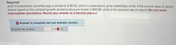 Required:
Jand, Incorporated, currently pays a dividend of $1.52, which is expected to grow indefinitely at 6%. If the current value of Jand's
shares based on the constant-growth dividend discount model is $40.66, what is the required rate of return? (Do not round
intermediate calculations. Round your answer to 2 decimal places.)
Answer is complete but not entirely correct.
Required rate of return
0.10%