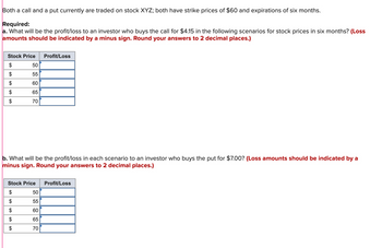 Both a call and a put currently are traded on stock XYZ; both have strike prices of $60 and expirations of six months.
Required:
a. What will be the profit/loss to an investor who buys the call for $4.15 in the following scenarios for stock prices in six months? (Loss
amounts should be indicated by a minus sign. Round your answers to 2 decimal places.)
Stock Price Profit/Loss
$
$
GA
$
GA
b. What will be the profit/loss in each scenario to an investor who buys the put for $7.00? (Loss amounts should be indicated by a
minus sign. Round your answers to 2 decimal places.)
Stock Price
$
$
GA
50
55
60
65
70
GA
A
50
55
60
65
70
Profit/Loss