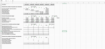 J54
y en wanne
28 Total sales
29
30 Construct the schedule of expected cash collections
31
35 Third-quarter sales
36 Fourth-quarter sales
37 Total cash collections
32 Accounts receivable, beginning balance
33 First-quarter sales
34 Second-quarter sales
fx
A
38
39 Construct the production budget
40
41 Budgeted unit sales
42 Add desired finished goods inventory
43 Total needs
44 Less beginning inventory
45 Required production
46
47 Construct the raw materials purchases budget
48
49 Required production (units)
50 Raw materials required to produce one unit
51 Production needs (pounds)
52 Add desired ending inventory of raw materials (pounds)
53 Total needs (pounds)
54 Less beginning inventory of raw materials (pounds)
55 Raw materials to be purchased
56 Cost of raw materials per pound
57 Cost of raw materials to be purchased
63 Second-quarter purchases
64 Third-quarter purchases
65 Fourth-quarter purchases
66 Total cash disbursements
67
68
69
58
59 Construct the schedule of expected cash payments
60
61 Accounts payable, beginning balance
62 First-quarter purchases
70
71
$
B
$315,000
1
65,000
236,250 $
$ 301,250 $
1
45,000
19,500
64,500
(12,000)
52,500
1
1
?
?
?
?
?
?
?
?
?
?
?
?
C
$455,000
Year 2 Quarter
2
78,750
341,250
$805,000
?
?
?
?
?
?
?
420,000 $ 717,500
?
?
3
$ 113,750
Year 2 Quarter
2
?
?
?
Year 2 Quarter
2
3
4
65,000 115,000 65,000
34,500 19,500 25,500
99,500 134,500 90,500
(19,500) (34,500) (19,500)
80,000 100,000 71,000
603,750 $ 201,250
Year 2 Quarter
2
3
3
?
?
?
?
?
?
?
?
?
?
?
?
E
F
$455,000
F
4
4
4
341,250
$ 542,500 $ 1,981,250
?
?
?
?
?
?
?
?
?
$
?
?
?
F
$595,000
Year
65,000
315,000
455,000
805,000
341,250
Year
290,000
25,500
315,500
(12,000)
303,500
Year
Year
?
?
?
?
?
?
?
?
?
?
?
?
?
?
?
G
$665,000
Year 3 Quarter
1
85,000
28,500
113,500
(25,500)
88,000
Year 3 Quarter
1
H
?
?
?
2
95,000
I
J
K
L
M
N
O
P
Q
R