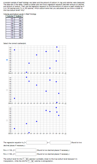 A random sample of beef hotdogs was taken and the amount of sodium (in mg) and calories were measured.
The data are in the table. Create a scatter plot and find a regression equation between amount of calories
and amount of sodium. Then use the regression equation to find the amount of sodium a beef hotdog has if
it is 138 calories and if it is 100 calories. Which sodium level that you calculated do you think is closer to
the true sodium level? Why?
Calories and Sodium Levels in Beef Hotdogs
Calories
Sodium
181
477
114
296
184
440
164
495
149
374
180
526
137
251
170
482
133
350
Select the correct scatterplot.
500
400
440
420
400
340
300
200
124010 15 120 125 18015 140 145 150 155 100 45 170 175 Jao Jas I80 4p.
500
400
440
420
400
300
340
300
200
I4oio is 120 125 180 135 140 J45 J50 153 100 165 170o
500
400
440
420
400
300
340
320
300
220
200
1240lio is 120 125 180 1 140 145 150 155 100 165 170 175 Jao Jas J0 4s.
The regression equation is y=
decimal places if necessary.)
(Round to two
For x = 138, y=
(Round to two decimal places if necessary.)
For x = 100, y =
(Round to two decimal places ff necessary.)
The sodium level for the ?
interpolation, while the one for ?
v calories is probably closer to the true sodium level because it is
v calories is extrapolation.
