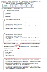A psychologist is interested in testing whether there is a difference in the distribution of personality types
for business majors and social science majors. The results of the study are shown below.
Personality Frequencies for Business and Social Science Majors
Conscientious
Оpen
Extrovert Agreeable
Neurotic
Business
74
40
87
55
24
Social Science
60
73
84
85
33
What can be concluded at the a = 0.01 significance level?
a. What is the correct statistical test to use?
O Goodness-of-Fit
O Independence
O Homogeneity
Paired t-test
b. What are the null and alternative hypotheses?
Hn:
O The distribution of personality types for business majors is the same as it is for social science
majors.
O Personality type and major are dependent.
The distribution of personality types for business majors is not the same as it is for social
science majors.
O Personality type and major are independent.
H:
O Personality type and major are independent.
Personality type and major are dependent.
The distribution of personality types for business majors is not the same as it is for social
science majors.
The distribution of personality types for business majors is the same as it is for social science
majors.
c. The test-statistic for this data = -1.204
x| (Please show your answer to three decimal places.)
d. The p-value for this sample = 0.2954
x (Please show your answer to four decimal places.)
e. The p-value is preater than
f. Based on this, we should
accept the null
O reject the null
fail to reject the null
g. Thus, the final conclusion is...
There is insufficient evidence to conclude that personality type and major are dependent.
O There is sufficient evidence to conclude that the distribution of personality types for business
majors is not the same as it is for social science majors.
There is insufficient evidence to conclude that the distribution of personality types for
business majors is not the same as it is for social science majors.
O There is sufficient evidence to conclude that personality type and major are dependent.
O There is sufficient evidence to conclude that the distribution of personality types for business
majors is the same as it is for social science majors.
