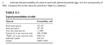 2.
Estimate the permeability of a bed of sand with spherical particles Qp = 0.3 mm and porosity of
30%. Compare this to the value for sand from Table 11.1 (below).
TABLE 11.1
Typical permeabilities of solids
Material
Well-sorted gravel
Sand and gravel
Very fine sand and silt
Typical oil or gas reservoir rock
"Tight" oil or gas reservoir rock
Sidewalk cement
Granite
Permeability, ml)
107-108
10¹-10°
1-1000
100-10 000
0.001-0.1
0.01-0.1
0.0001-0.001