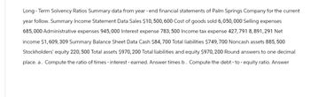 Long-Term Solvency Ratios Summary data from year-end financial statements of Palm Springs Company for the current
year follow. Summary Income Statement Data Sales $10, 500, 600 Cost of goods sold 6, 050,000 Selling expenses
685,000 Administrative expenses 945,000 Interest expense 783, 500 Income tax expense 427,791 8,891,291 Net
income $1,609,309 Summary Balance Sheet Data Cash $84, 700 Total liabilities $749,700 Noncash assets 885,500
Stockholders' equity 220, 500 Total assets $970, 200 Total liabilities and equity $970, 200 Round answers to one decimal
place. a. Compute the ratio of times - interest - earned. Answer times b. Compute the debt-to-equity ratio. Answer