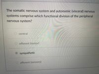 The somatic nervous system and autonomic (visceral) nervous
systems comprise which functional division of the peripheral
nervous system?
O central
O efferent (motor)
O sympathetic
afferent (sensory)
