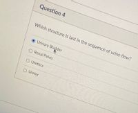 Question 4
Which structure is last in the sequence of urine flow?
O Urinary Bladder
O Renal Pelvis
O Urethra
O Ureter
