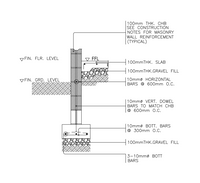 FIN. FLR. LEVEL
FIN. GRD. LEVEL
FFL
100mm THK. CHB
SEE CONSTRUCTION
NOTES FOR MASONRY
WALL REINFORCEMENT
(TYPICAL)
100mmTHK. SLAB
100mmTHK.GRAVEL FILL
10mmø HORIZONTAL
BARS @ 600mm 0.C.
10mmø VERT. DOWEL
BARS TO MATCH CHB
@ 600mm O.C.
10mmø BOTT. BARS
@ 300mm 0.C.
100mmTHK.GRAVEL FILL
3-10mm BOTT
BARS