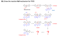 D2. Draw the reaction full mechanism for TPCP.
Carbanion
Enolate
HO
Dibenzylacetone
Benzil
Conjugated enone
но
Carbanion
Enolate
0-?
?
Conjugated enone
