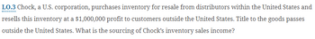 LO.3 Chock, a U.S. corporation, purchases inventory for resale from distributors within the United States and
resells this inventory at a $1,000,000 profit to customers outside the United States. Title to the goods passes
outside the United States. What is the sourcing of Chock's inventory sales income?