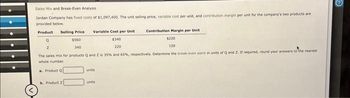 Sales Mix and Break-Even Analysis
Jordan Company has fixed costs of $1,097,400. The unit selling price, variable cost per unit, and contribution margin per unit for the company's two products are
provided below.
Product Selling Price Variable Cost per Unit
Contribution Margin per Unit
$560
$340
220
$220
120
340
The sales mix for products Q and 2 is 35% and 65%, respectively. Determine the break-even point in units of Q and Z. If required, round your answers to the nearest
whole number.
a. Product Q
b. Product 2
units
units