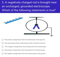 3. A negatively charged rod is brought near
an uncharged, grounded electroscope.
Which of the following statements is true?
O The positive charge flows from the electroscope to the ground
The electroscope stays neutral because the rod doesn't touch it
O . The negative charge flows from the ground to the electroscope
The positive charge flows from the ground to the electroscope
O The negative charge flows from the electroscope to the ground
