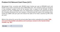 Problem 9-2 Relevant Cash Flows [LO 1]
Winnebagel Corp. currently sells 29,200 motor homes per year at $79,000 each and
8,200 luxury motor coaches per year at $121,000 each. The company wants to introduce
a new portable camper to fill out its product line; it hopes to sell 24,200 of these
campers per year at $25,000 each. An independent consultant has determined that if
the company introduces the new campers, it should boost the sales of its existing motor
homes by 3,800 units per year and reduce the sales of its motor coaches by 970 units
per year.
What is the amount to use as the annual sales figure when evaluating this project? (Do
not round intermediate calculations and round your answer to the nearest whole
number, e.g., 32.)
Net sales
