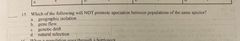 a.
15. Which of the following will NOT promote speciation between populations of the same species?
a geographic isolation
b.
gene flow
c. genetic drift
d. natural selection
When a population goes through a bottleneck