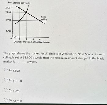 Rent (dollars per week)
S
2,125
2,050
1,900
1,700
0
3
4
5
6
Quantity (thousands of holiday chalets)
The graph shows the market for ski chalets in Wentworth, Nova Scotia. If a rent
ceiling is set at $1,900 a week, then the maximum amount charged in the black
market is
a week.
A) $150
OB) $2,050
Rent
ceiling
D
OC) $225
OD) $1,900