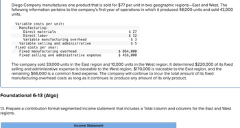 **Diego Company Manufacturing Overview**

Diego Company produces a single product sold at $77 per unit across two regions: East and West. In the first operational year, 48,000 units were produced and 43,000 units were sold.

**Variable Costs per Unit:**
- **Manufacturing:**
  - Direct materials: $27
  - Direct labor: $12
  - Variable manufacturing overhead: $3
- Variable selling and administrative: $5

**Fixed Costs per Year:**
- Fixed manufacturing overhead: $864,000
- Fixed selling and administrative expense: $456,000

The sales distribution was 33,000 units in the East and 10,000 units in the West. The fixed selling and administrative expenses identified were $220,000 for the West and $170,000 for the East. The remaining $66,000 is a common fixed expense.

**Task:**
Create a contribution format segmented income statement with a Total column and separate columns for the East and West regions.