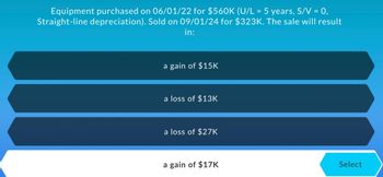 Equipment purchased on 06/01/22 for $560K (U/L = 5 years, S/V = 0,
Straight-line depreciation). Sold on 09/01/24 for $323K. The sale will result
in:
a gain of $15K
a loss of $13K
a loss of $27K
a gain of $17K
Select