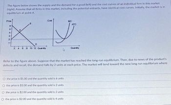 The figure below shows the supply and the demand for a good (left) and the cost curves of an individual firm in this market
(right). Assume that all firms in this market, including the potential entrants, have identical cost curves. Initially, the market is in
equilibrium at point A.
Price
6
Cost
17
D
8 10 12 Quantity
ATC
O the price is $1.00 and the quantity sold is 6 units
O the price is $3.00 and the quantity sold is 2 units
O the price is $2.00 and the quantity sold is 2 units
O the price is $2.00 and the quantity sold is 4 units
Quantity
Refer to the figure above. Suppose that the market has reached the long-run equilibrium. Then, due to news of the product's
defects and recall, the demand falls by 2 units at each price. The market will tend toward the new long run equilibrium where