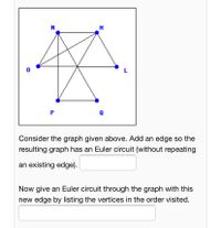 N
L
P
Consider the graph given above. Add an edge so the
resulting graph has an Euler circuit (without repeating
an existing edge).
Now give an Euler circuit through the graph with this
new edge by listing the vertices in the order visited.
