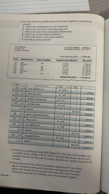 Services
DATE
3/3
3/4
3/10
3/14
3/19
3/24
3/30
395
Tina Weaver
41 Slider Lane
Greenwich, CT 06830
396
397
(
398
6. Use Tina Weaver's monthly statement and check register to reconcile her
account.
a. What is the ending balance on the statement?
b. What is the total of the outstanding deposits?
399
c. What is the total of the outstanding withdrawals?
d. What is the revised statement balance?
e. What is the balance of the check register?
f. Does the account reconcile?
DESCRIPTION
NUMBER OR
CODE
392 2/20 Conn Telephone Co.
393 2/21 Rod's Bike Shop
394 3/1 Window's Restaurant
3/2 Centsible Bank
3/4 Deposit
3/4 Spear's Department Store
3/15 Mary Lewis
3/21 Sea Cliff Records
3/23 Deposit
W/D
DEPOSIT
W/D
W/D
W/D
DEPOSIT
W/D
CHECK NUMBER
DATE
395
396
393
394
398
TRANSACTION DESCRIPTION
4/2 Ciangiola Motors
4/2 Deposit
STARTING BALANCE
TRANSACTION AMOUNT
$79.00
$ 600.00
$51.10
$12.00
$ 133.81
$250.00
$11.40
deposition ENDING BALANCE
ACCOUNT NUMBER: 766666600A
STATEMENT PERIOD: 3/01-3/31
PAYMENT
AMOUNT
76 80 ✓
12 00
133 81
79 00
· 51 10
50 00
11 40
BOTE 2001 JUO
39 00
✓ FEE
-
-
DEPOSIT
AMOUNT
emotsie
600 00
$871.50
BALANCE
$792.50
$1,392.50
$ 1,341.40
$ 1,329.40-
$ 1,195.59
$1,445.59
$ 1,434.19
$1,434.19
250 00
$ BALANCE
700 00 10
beaives
8. Mason discovered that when he recorded a deposit of $75 two weeks
ago, he mistakenly subtracted it from the running total in his check
register. He decided that he would write a new entry after his most
recent entry and add $75. Will this correct his mistake? Explain.
871.50
859.50
725.69
646.69
1,246.69
1,195.59
im
1,145.59
1,134.19
1,384.19
1,345.19
som bili no
7. Donna has a checking account that charges $0.15 for each check written and
a monthly service charge of $9.75. Write a formula that Donna can use each
month to find the fees she will be charged. Identify any variable you use in the
formula.
2,045.19