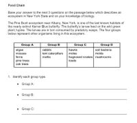 Food Chain
Base your answer to the next 3 questions on the passage below which describes an
ecosystem in New York State and on your knowledge of biology.
The Pine Bush ecosystem near Albany, New York, is one of the last known habitats of
the nearly extinct Karner Blue butterfly. The butterfly's larvae feed on the wild green
plant, lupine. The larvae are in turn consumed by predatory wasps. The four groups
below represent other organisms living in this ecosystem.
Group A
Group B
Group C
Group D
algae
rabbits
hawks
soil bacteria
molds
tent caterpillars
moths
mosses
moles
ferns
hognosed snakes mushrooms
pine trees
oak trees
toads
1. Identify each group type.
Group A:
• Group B:
Group C:
