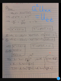 ### Separation of Variables in Partial Differential Equations

Given the partial differential equation (PDE):
\[ a^2 U_{xx} = U_{tt} \]

Assume the solution \( U(x, t) \) can be written as a product of two functions, one depending on \( x \) and the other on \( t \):
\[ U(x, t) = X(x)T(t) \]

Substituting \( U(x, t) = X(x)T(t) \) into the PDE, we obtain:
\[ a^2 X'' T = X T'' \]

Rearranging the terms gives:
\[ \frac{X''}{X} = \frac{T''}{a^2 T} \]

Since the left-hand side is a function of \( x \) alone and the right-hand side is a function of \( t \) alone, both sides must be equal to a constant, say \( -\lambda \). Thus we set:
\[ \frac{X''}{X} = -\lambda \quad \text{and} \quad \frac{T''}{a^2 T} = -\lambda \]

This leads to the two ordinary differential equations (ODEs):
\[ X'' + \lambda X = 0 \]
\[ T'' + a^2 \lambda T = 0 \]

#### Boundary Conditions

Given boundary conditions:
\[ U(0, t) = U(2, t) = 0 \]

This implies:
\[ X(0) = 0 \]
\[ X(2) = 0 \]

For certain values of \( \lambda \), solutions to the first ODE are:
\[ \lambda = \lambda_n = \left(\frac{n \pi}{2}\right)^2, \quad n \in \mathbb{N} \]

The corresponding solutions are:
\[ X_n = C_n \sin \left( \frac{n \pi}{2} x \right) \]

#### Solutions for \( T(t) \)

The second ODE becomes:
\[ T_n'' + a^2 \left(\frac{n \pi}{2}\right)^2 T_n = 0 \]

The solutions to this ODE are:
\[ T_n(t) = d_n \cos \left( \frac{n \pi a}{2} t \right) + e_n \sin \