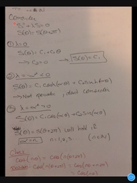 ## Overview of Differential Equation Consideration

### Equation and Condition

Consider the differential equation:

\[ S'' + \lambda S = 0 \]

with the periodic condition:

\[ S(\theta) = S(\theta + 2\pi) \]

### Case Analysis

1. **Case 1: \(\lambda = 0\)**

   - General Solution: 

     \[ S(\theta) = C_1 + C_2 \theta \]

   - Applying the periodic condition:

     - Requires \( C_2 = 0 \), so 

     \[ S(\theta) = C_1 \]

2. **Case 2: \(\lambda = -\alpha^2 < 0\)**

   - General Solution: 

     \[ S(\theta) = C_1 \cosh(\alpha \theta) + C_2 \sinh(\alpha \theta) \]

   - This solution is not periodic, hence it is not considered further.

3. **Case 3: \(\lambda = \alpha^2 > 0\)**

   - General Solution: 

     \[ S(\theta) = C_1 \cos(\alpha \theta) + C_2 \sin(\alpha \theta) \]

   - The periodic condition \( S(\theta) = S(\theta + 2\pi) \) will hold if

     \[ \alpha = n \]

   - where \( n = 1, 2, 3, \ldots \) and \( n \in \mathbb{N} \).

### Verification

- Check using \( \cos(n\theta) = \cos(n(\theta + 2\pi)) \):

  - \(\cos(n(\theta + 2\pi)) = \cos(n\theta + n \cdot 2\pi)\)

  - \[ = \cos(n\theta) \]

This check confirms that the solution holds as expected for \(\alpha = n\).

This explanation provides a clear breakdown of each case for \(\lambda\) and ensures a thoughtful understanding of periodic solutions to the given differential equation.