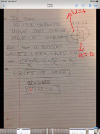 9:49 AM Mon May 17
* 68%
Friday
Edit
2:45 PM
Exi Solve
a<r<b
uca,o) = flo) O<OoT
Uca,0)
%3D
a
O = (8'9)
Set U= RG)Sce)
> R"S + tR's + ta R S"
9.
ANS
%3D
