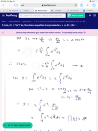 9:11 PM Fri May 14
全6%
AA
A bartleby.com
+
O Royce d G
Google
X F{u (x, 0)} =...
Untitled
G ksic mysore...
Facebook
= bartleby
Q Search for textbooks, step-by-step explanatio...
Ask an Expert
Math / Advanced Math / Q&A Library / F{u (x, 0)} = F {e*} So, the above equation is expressed as, U (a, 0) = /ñe¯.
F{u (x, 0)} = F{e*} So, the above equation is expressed as, U (a, 0) = /ñe¯.
Get live help whenever you need from online tutors! Try bartleby tutor today →
put
ik
dy
こ1→ dysde
dn
k2
e
dy
FlK)=
k2
dy
(1)
Let
dy
dy
こ
2
O.
put y?= t
a 2ydy
-1 =) dy= dt
dt
- 1 =)
24
=> dy. dt
2
dt
I dt
二
ニ
X GET 5 FREE QUESTIONS
-2
↑
8.
8
