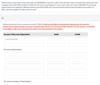 Whispering Co. had a sheet metal cutter that cost $100,000 on January 5, 2021. This old cutter had an estimated life of ten years and
a salvage value of $17,000. On April 3, 2026, the old cutter is exchanged for a new cutter with a fair value of $60,000. The exchange
lacked commercial substance. Whispering also received $15,000 cash. Assume that the last fiscal period ended on December 31,
2025, and that straight-line depreciation is used.
(b)
Prepare all entries that are necessary on April 3, 2026. (Credit account titles are automatically indented when the amount is
entered. Do not indent manually. If no entry is required, select "No Entry" for the account titles and enter O for the amounts. List all debit
entries before credit entries. Record journal entries in the order presented in the problem.)
Account Titles and Explanation
Debit
Credit
Cost of Goods Sold
(To record depreciation.)
(To record exchange of machineries.)