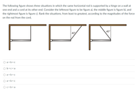 The following figure shows three situations in which the same horizontal rod is supported by a hinge on a wall at
one end and a cord at its other end. Consider the leftmost figure to be figure a), the middle figure is figure b), and
the rightmost figure is figure c). Rank the situations, from least to greatest, according to the magnitudes of the force
on the rod from the cord,
40°
40%
O a <b = c
O b = c < a
O a = b = c
O a<b < c
Oc<b< a
