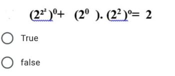 Answered: (22²)⁰+ (2⁰). (2²)⁰= 2 O True O false | bartleby