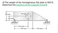 O The weight of the homogeneous flat plate is 500 N.
Determine the reactions at the supports A and B
100 mm
400 mm
200 mm
B
600 mm-
600 mm-
800 mm
