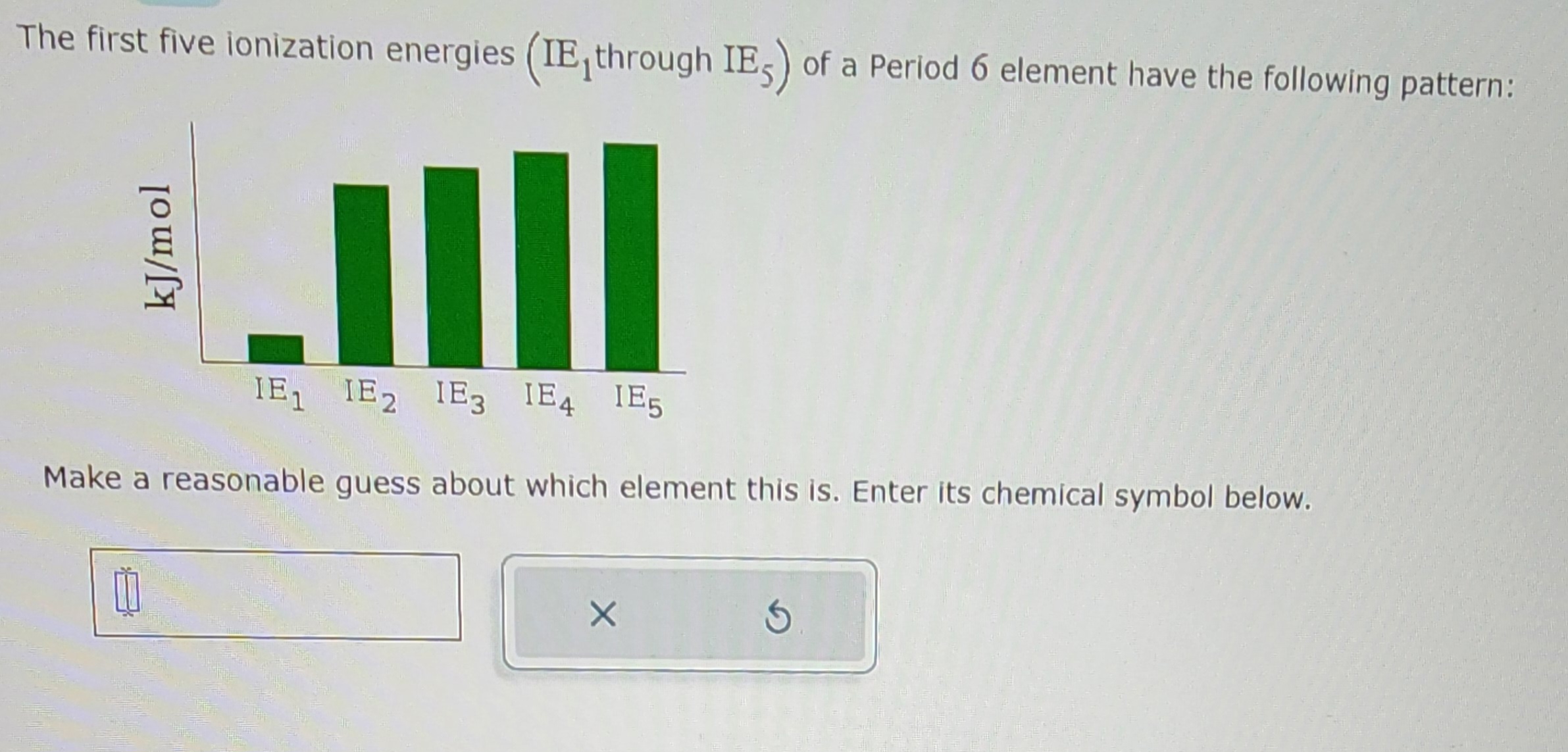 The first five ionization energies (IE, through IES) of a Period 6 element have the following pattern:
kJ/mol
IE₁ IE2 IE3 IE4 IE5
Make a reasonable guess about which element this is. Enter its chemical symbol below.
11
X
5.