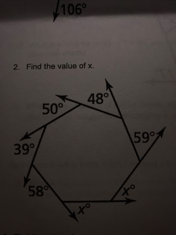 conva
2. Find the value of x.
50°
39°
106°
58°
48⁰
to
+
59°1