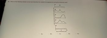 98. Which of the following labeled curves best describes the variation of progesterone during the menstrual cycle?
A)
B)
- Concentration of hormone in blood->>
E
31319
14
Day of menstrual cycle
28
C)
D)
E)