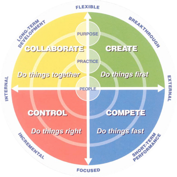 INTERNAL
LONG-TERM
DEVELOPMENT
FLEXIBLE
COLLABORATE
CONTROL
PURPOSE
Do things together
INCREMENTAL
PRACTICE
PEOPLE
BREAKTHROUGH
FOCUSED
CREATE
Do things first
Do things right Do things fast
COMPETE
SHORT-TERM
EXTERNAL
PERFORMANCE