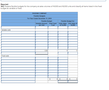 Required:
1&2. Prepare flexible budgets for the company at sales volumes of 14,000 and 16,000 units and classify all items listed in the fixed
budget as variable or fixed.
Variable costs
Fixed costs
PHOENIX COMPANY
Flexible Budgets
For Year Ended December 31, 2019
Flexible Budget
Variable Amount Total Fixed
per Unit
Cost
0.00
$
Flexible Budget for:
Units Sales
of 14,000
$
0
0
Unit Sales of
16,000
$
0
0