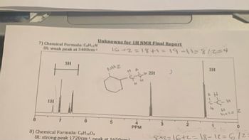 **Unknowns for 1H NMR Final Report**

**7) Chemical Formula: C₆H₁₁N**

- **IR Spectroscopy:** Weak peak at 3400 cm⁻¹.

**NMR Spectrum Analysis:**

- **Graph Description:**
  - The spectrum shows peaks at different parts per million (PPM).
  - A peak at approximately 7.5 PPM indicates the presence of aromatic protons (labeled as 5H).
  - A peak at approximately 3.5 PPM indicates the presence of 2 protons adjacent to an amine group (NH₂). A hand-drawn structure suggests a CH₃-CH₂-NH₂ group.
  - A peak at approximately 1.2 PPM represents 3 aliphatic protons, typically indicative of a methyl group.

**Handwritten Calculations and Notes:**
- The equation "16 + 2 = 18 + 1 = 19 - 11 = 8 / 2 = 4" suggests a step-by-step mass balance or hydrogen count aligned with the spectrum interpretation.

**8) Chemical Formula: C₈H₁₂O₄**

- **IR Spectroscopy:** Strong peak at 1720 cm⁻¹, peak at 1650 cm⁻¹.

**Handwritten Calculation:**
- The note "8 x 2 = 16 + 2 = 18 - 12 = 6 / 2 = 3" possibly relates to structural deductions or hydrogen equivalence.

This analysis provides insights into the structural determination of the unknown compound using 1H NMR spectroscopy alongside IR data.