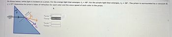 As shown below, white light is incident on a prism. For the orange light that emerges, 0₁ = 48°. For the purple light that emerges, 02 = 38°. The prism is surrounded by a vacuum &
p = 37°. Determine the prism's index of refraction for each color and the wave speed of each color in the prism.
white
light
Ø
normal
8₂
npurple
norange
Vpurple =
Vorange=
Enter a numbe