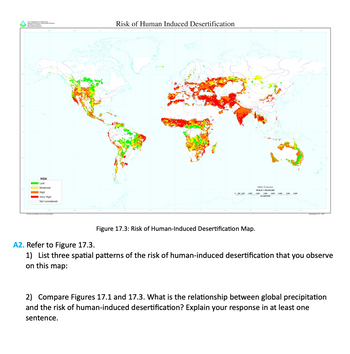 Risk of Human Induced Desertification
RISK
Low
Moderate
Miller Projection
SCALE 1:100.000.000
1.300
4000 1,000,000
KILOMETERS
High
Ⓒ500 1,000 1,000
Very High
Not considered
Figure 17.3: Risk of Human-Induced Desertification Map.
A2. Refer to Figure 17.3.
1) List three spatial patterns of the risk of human-induced desertification that you observe
on this map:
2) Compare Figures 17.1 and 17.3. What is the relationship between global precipitation
and the risk of human-induced desertification? Explain your response in at least one
sentence.
DA
Natural Co
Seyy