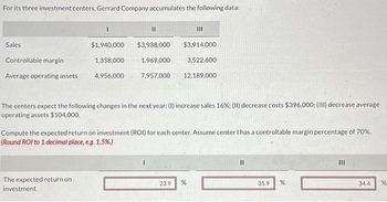 For its three investment centers, Gerrard Company accumulates the following data:
Sales
Controllable margin
Average operating assets
I
$1,940,000
1,358,000
4,956,000
The expected return on
investment
||
$3,938,000 $3,914,000
3,522,600
12,189,000
1,969,000
7,957,000
The centers expect the following changes in the next year: (I) increase sales 16%: (II) decrease costs $396,000; (III) decrease average
operating assets $504,000.
Compute the expected return on investment (ROI) for each center. Assume center I has a controllable margin percentage of 70%.
(Round ROI to 1 decimal place, e.g. 1.5%.)
23.9 %
11
35.9
%
34.4
%