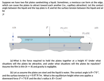 Suppose we have two flat plates sandwiching a liquid. Sometimes, a meniscus can form at the edge,
which can cause the plates to attract toward each another (i.e., capillary attraction). Let the contact
angle between the liquid and the top plate is 0, and let the surface tension between the liquid and air
be
J.
AIR
h
LIQUID
F
PLATE
PLATE
R
AIR
(a) What is the force required to hold the plates together at a height h? Under what
situations will the plates be attractive, and under what situations will the plates be repulsive?
Assume the film is thin (h << R) and gravity is negligible.
(b) Let us assume the plates are steel and the liquid is water. The contact angle is 0=70°,
and the surface tension is y = 0.07 N/m. What is the equilibrium height when one applies a
downward force F=70 N and the disc's radius is R=3cm?