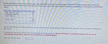 Martin Shipping Lines issued bonds 10 years ago at $1,000 per bond. The bonds had a 30-year life when issued, with semiannual
payments at the then annual rate of 9 percent. This return was in line with required returns by bondholders at that point, as described
below:
Real rate of return
Inflation premium
Risk premium
Total return
6%
4
2
12%
Assume that today the inflation premium is only 2 percent and is appropriately reflected in the required return (or yield to maturity) of
the bonds.
Compute the new price of the bond. Use Appendix B and Appendix D. (Round "PV Factor" to 3 decimal places. Do not round
intermediate calculations. Round the final answer to 2 decimal places.)
New price of the bond