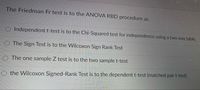 The Friedman Fr test is to the ANOVA RBD procedure as
Independent t-test is to the Chi-Squared test for independence using a two way table.
The Sign Test is to the Wilcoxon Sign Rank Test
O The one sample Z test is to the two sample t-test
O the Wilcoxon Signed-Rank Test is to the dependent t-test (matched pair t-test)
