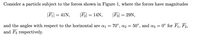 Consider a particle subject to the forces shown in Figure 1, where the forces have magnitudes
|F|
= 41N,
|F2|
= 14N,
|F3|
= 29N,
and the angles with respect to the horizontal are a1 = 70°, a2 = 50°, and a3 = 0° for F1, F2,
and F3 respectively.
